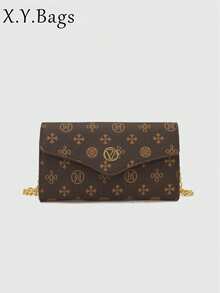 PU Leather Dual-Color Letter Print Casual Shoulder Bag, Women's Envelope Bag With Chain Strap, Fashionable & Versatile - Coffee - View 2