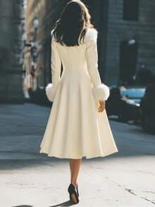 Women's White Overcoat, Vintage Fur Collar, Cinched Waist, A-Line Mid-Length Overcoat, White Winter Christmas Coat - White - View 2