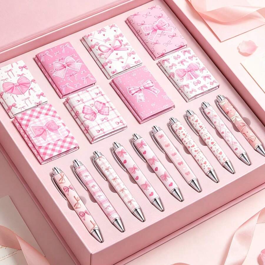Pink Bow Stationery Set,Bow Print Ballpoint Pen And Mini Pocket Notebooks,Stationery Kit,Gift For Women,Students, Essential Diary,Gift Exchange For Colleagues, School And Office Supplies,Christmas Gift - Random - View 1