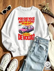 Women's Retro Street Style Loose Fit Cotton Crew Neck Sweatshirt With Cartoon Car Print And Portuguese Text, Breathable Casual - White - View 1