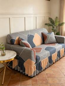 1pc Printed Hem Full Coverage Elastic Sofa Cover, Dust-Proof & Dirt-Resistant, Stretchable One-Piece Full Coverage Sofa Protector, Living Room Home Decor, Machine Washable - Grey - View 4