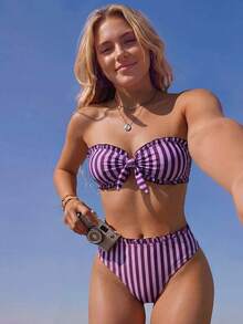 Women's Spring/Summer New Stripe Printed Small Lace Strapless Bikini 2 Pieces Set With Removable Shoulder Straps Vacation Beach - Multicolor - View 1