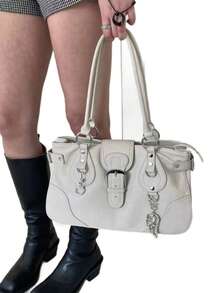 Tote Bag With Metal Buckle Decor Design, Large Capacity Storage Space, Zipper And Snap Closure, Handheld Underarm Bag Style, Suitable For Daily Outings And Commuting Occasions, Versatile For Various Outfit Styles, Exquisite Craftsmanship, Meets Diverse Carrying Needs - Beige - View 6