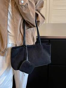 1件高級布料肩背包，大容量通勤工作購物托特包，極簡百搭女款手提包 - 黑色 - 查看 5