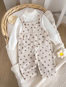 1pc Baby Girl Apricot Corduroy Ditsy Floral Overalls, Adjustable Straps, Pockets, Vintage Style Romper - Beige - View 8