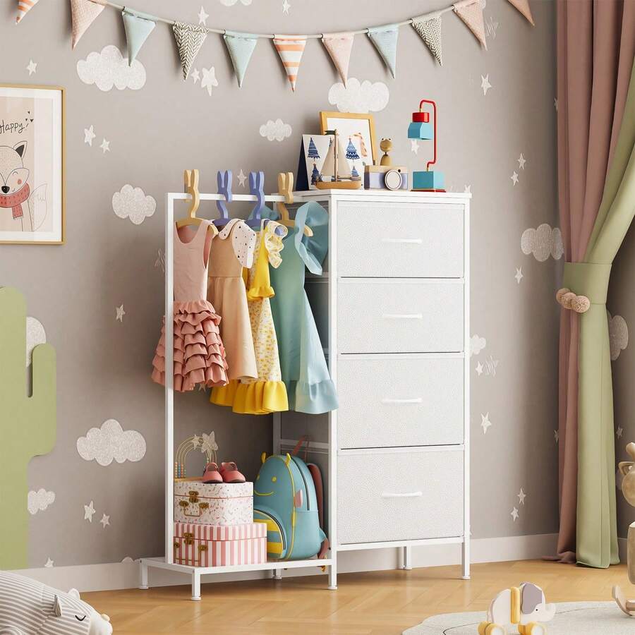 Kids Dresser With Clothes Rack, 4 Fabric Drawers & Wooden Top, Sturdy Storage Organizer For Clothes & Toys, For Boys & Girls Bedroom - White - View 1