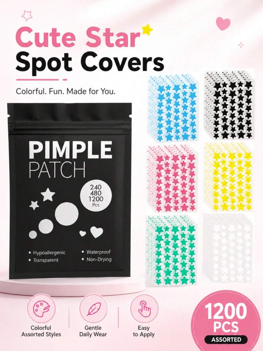 480/1200PCS 6-Color Star-Shaped Acne Patches, Waterproof, Sweat-Resistant, Day & Night Use, Scar Concealing, Seamless, No Caking, Gentle, Non-Irritating, Refreshing & Skin-Friendly - View 1