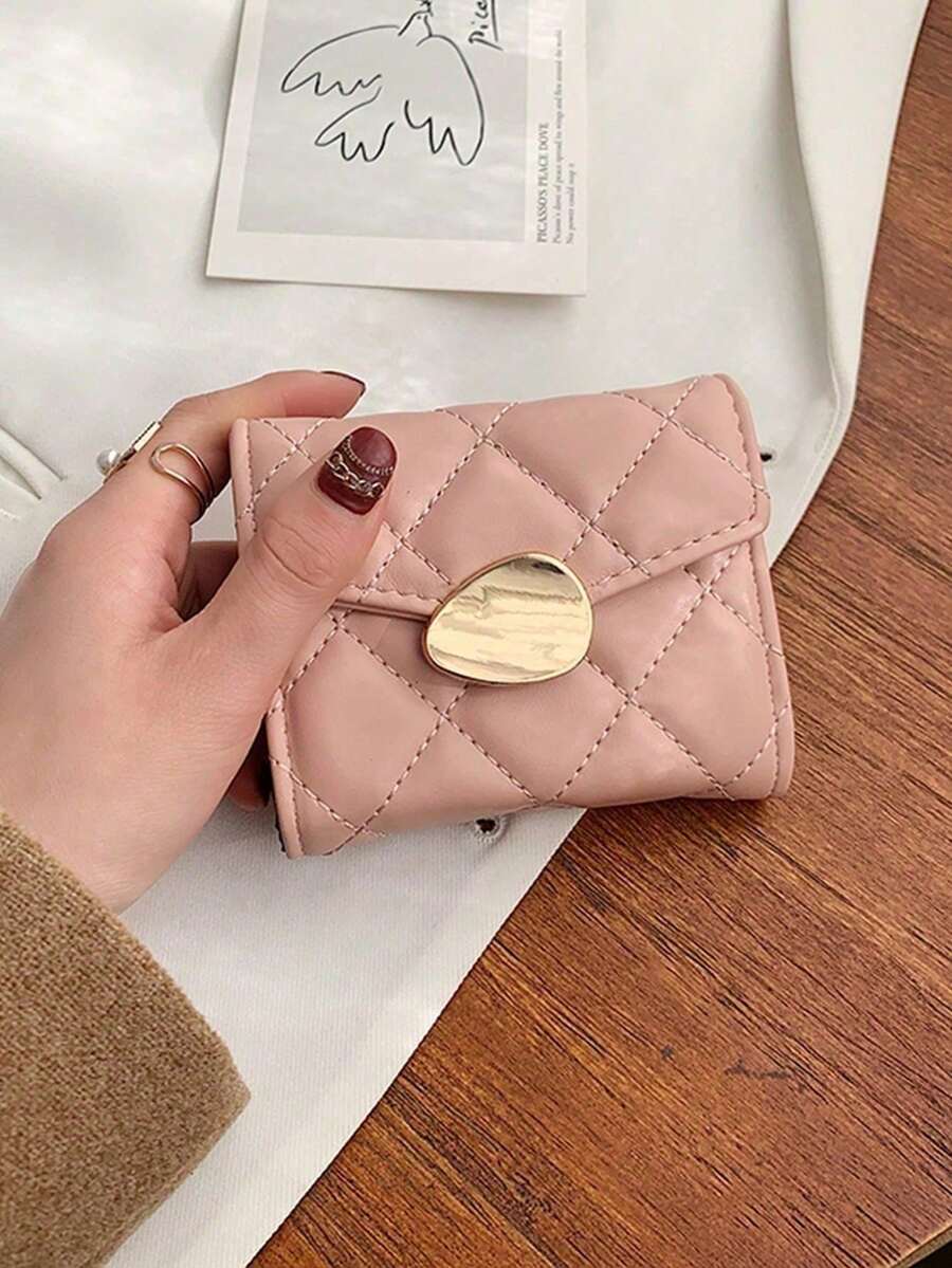 Quilted Bifold Card Wallet For Women, Oval Gold Metal Clasp, Accordion Multi-Card Slots, Slim PU Pocket Purse - Pink - View 1