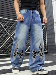 1pc Men's American Style Angel Wings Embroidered Wide Leg Loose Blue Streetwear Jeans - Blue - View 3