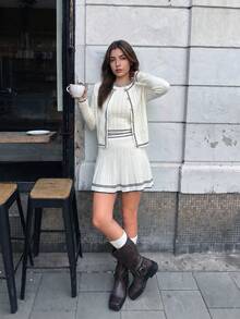 Women's Fall/Winter Gray Knit Dress Set: Long-Sleeve Jacket With A Tank Top Underneath; Preppy Style; Perfect For Dates And Everyday Casual Wear - White - View 4