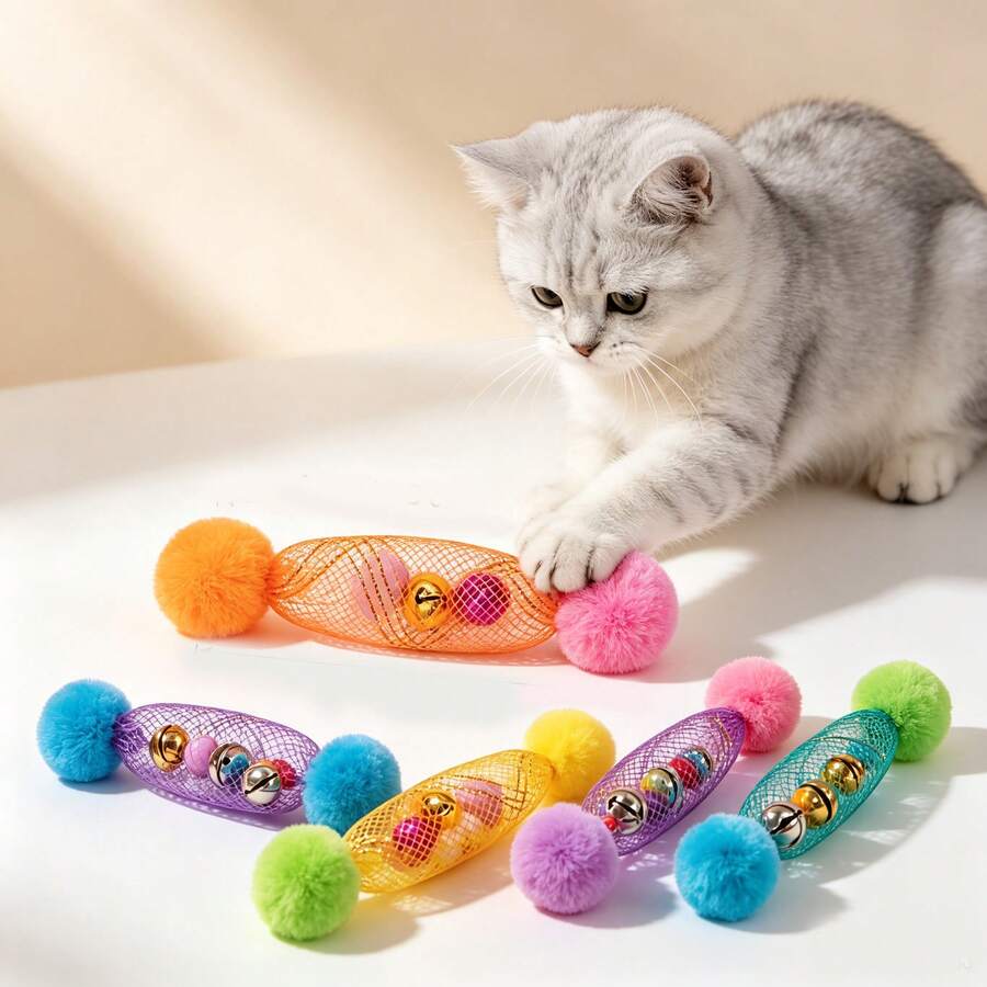 PETSIN 1/3/5pcs Cat Teaser Toy, Flexible Mesh Wand With Bell, Rustling Interactive Self-Play Boredom Buster For Cats - Multicolor - View 1
