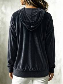 Plus Size Women's Solid Color Minimalist Versatile Black Hooded Button-Up Cardigan, Loose Fit Flattering Slimming Vintage Casual Long Sleeve Jacket Top, Suitable For Daily Commute - Black - View 2