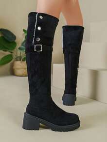 Botas altas de caballero de ante, textura de ante premium, combina bien con abrigos, faldas, jeans, adecuado para desplazamientos de otoño/invierno, fotografía de viajes, atuendos para citas - Negro - Ver 3
