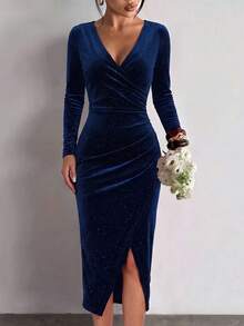 Women Elegant Sparkly Velvet Dress Deep V Neck Side Ruched Clothes For Fall Winter Dating Wedding Party Outfits - Blue - View 6