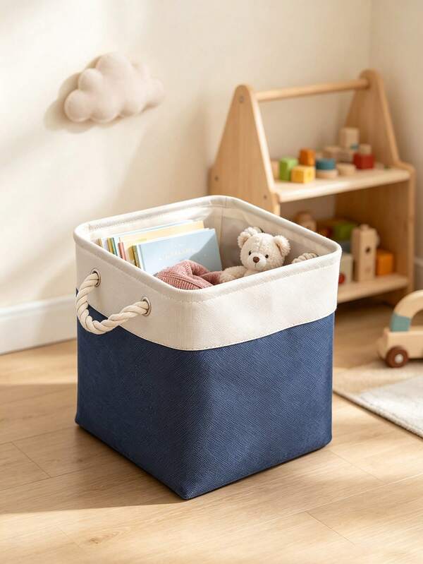 1Pc Large Size Foldable Fabric Storage Basket, Casual Style Navy‑Blue And Off‑White Spliced Square Shape Rope‑Handle Detail Open‑Top Multifunctional Storage Bin For Books Sundries, Desktop Playroom Bedroom Living Room Home Organizer