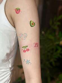 1 Sheet Color Pencil Hand‑Drawn Mini Mixed Temporary Tattoo Stickers, Assorted Fruit Snowflake Music Note Cloud‑Heart Small Designs, Waterproof Body Art Decals, Apply On Wrist, Forearm, Collarbone, Upper Arm, Fresh Sweet Ins‑Style Daily Decor - Multicolor - View 3