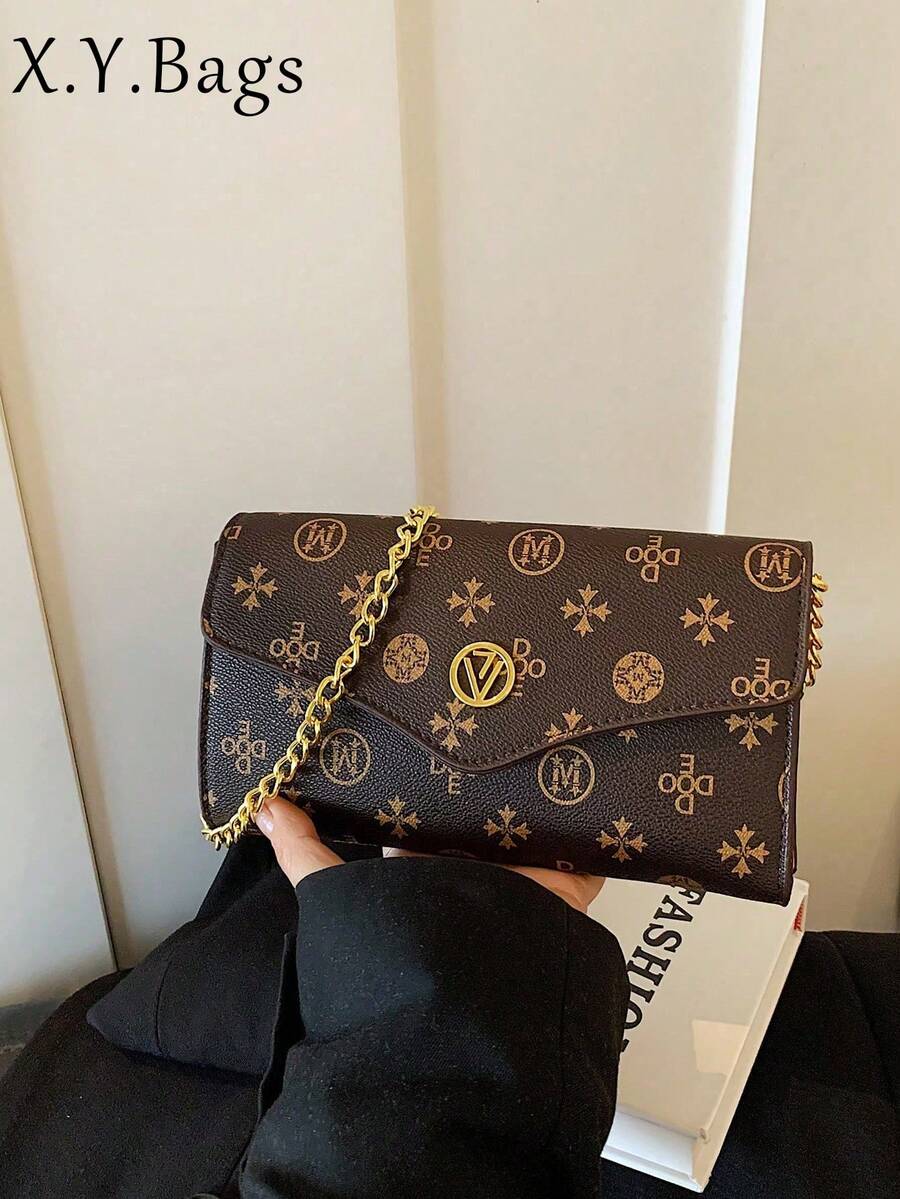 PU Leather Dual-Color Letter Print Casual Shoulder Bag, Women's Envelope Bag With Chain Strap, Fashionable & Versatile - Coffee - View 1