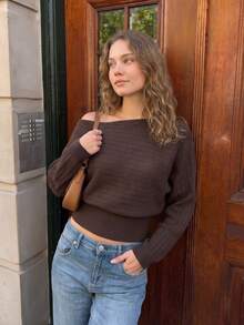 Atasan Rajut Lengan Panjang Bergaris Model Crop untuk Wanita Musim Gugur, Atasan Bahu Terbuka, Pakaian Kasual Musim Gugur untuk Wanita - Chocolate Brown - View 7