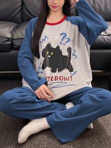 2pcs/Set Women's Pajamas Loungewear Set, Round Neck Pullover Couple Style Cute Animal Print Long Sleeve Long Pants, Easy Care Fabric - Multicolor - View 5