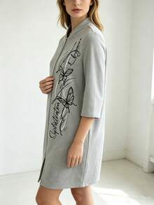 Women's Fashion Casual Printed Zip-Up 3/4 Sleeve Baseball Collar Mid-Length Jacket - Grey - View 5