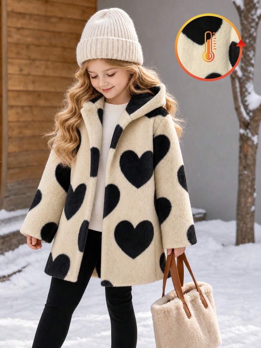 Tween Girls Heart Pattern Faux Fur Hooded Coat Winter Warm Fleece Fuzzy Thermal Jacket - Khaki - View 1