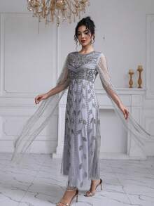 JINLICX Silver Beaded Light Grey Tassel Sleeve Evening Maxi Dress - Grey - View 5