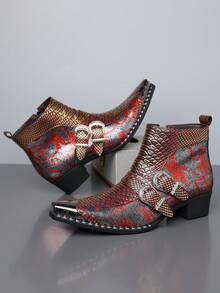 QRLQRL Men's Colorblock Printed Patchwork Short Boots, Autumn/Winter Metallic Toe Cap Double Carved Buckle Chunky Heel Shoes, Bar Exhibition Outing Personalized Men's Footwear - Red - View 1