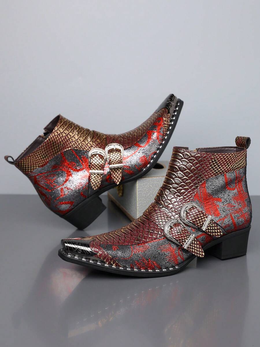 QRLQRL Men's Colorblock Printed Patchwork Short Boots, Autumn/Winter Metallic Toe Cap Double Carved Buckle Chunky Heel Shoes, Bar Exhibition Outing Personalized Men's Footwear - Red - View 1