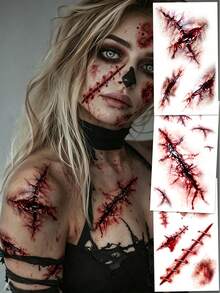 3 Sheets Bloody Horror Scar Temporary Tattoo Stickers, Fake Tattoos With Bloody Scars, Bleeding Wounds And Stitched Scars Patterns, Sweat‑Proof & Waterproof, Ideal For Halloween Prank Costume - Red - View 2