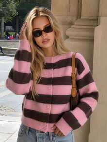 Soft Striped Sweater, Round Neck Fuzzy Knit Cardigan, Loose Versatile Youthful Long Sleeve Jacket, Autumn - Multicolor - View 3