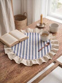 1/2/4/6/12pcs Blue & White Striped Round Placemats, Fresh Natural Style, Fabric Material, Beige Ruffle Edge Detail, Stain-Resistant Tabletop Protection And Decorative Function, Suitable For Daily Tea & Natural Home Decor - Blue - View 1