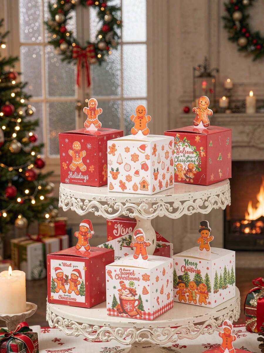 1/24pcs Christmas Gingerbread Man Candy Gift Box Random Style, 3D Gingerbread Man Top Card Design, Chocolate Cookie Packaging Box, Christmas Party Favor, Christmas Gift Packaging Box, Holiday Tabletop Decor - Multicolor - View 1