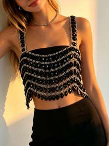 ZHENGHEN Black Beaded Spaghetti Strap Camisole - Sexy Party Body Jewelry - White - View 15