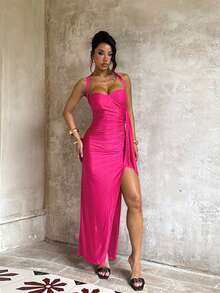 1pc Solid Color Elegant Knit Fabric Slit Dress For Beach Wedding Summer - Pink - View 4
