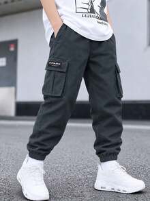 1pc Young BoyElastic Waist Cargo Pants, Suitable For Sports, Outdoor, Running - Grey - View 6