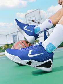 Men Breathable Mesh Basketball Sneakers Lace-Up Closure Contrast Color Panel Thick Court Sport Footwear For Daily Training Basketball Sneakers - Royal Blue - View 5