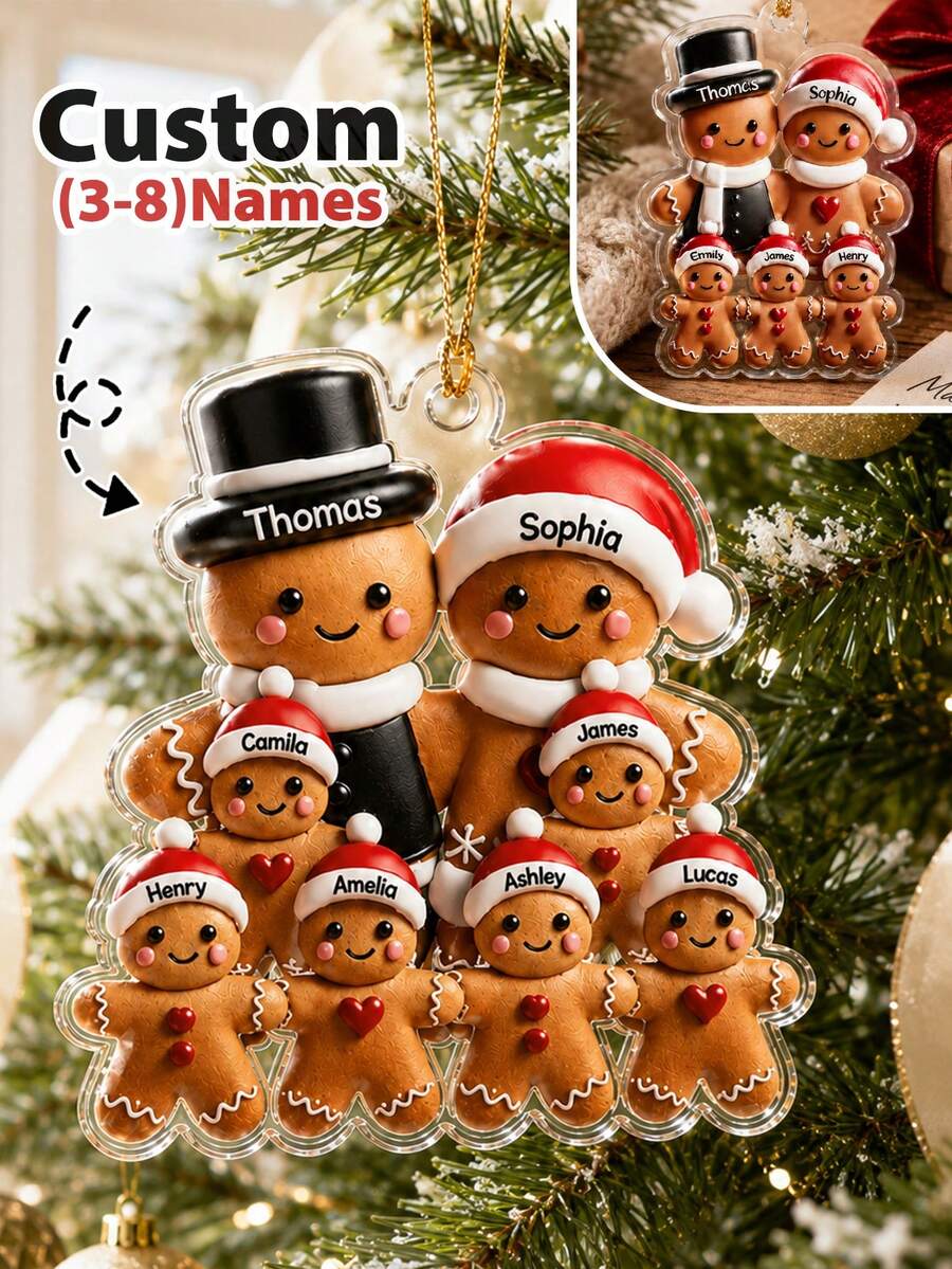 Custom Gingerbread Family Christmas Ornament, Personalized Tree Decor, Festive Holiday Style, Customized 3-8 Names Family Keepsake, Customizable Christmas Hanging Decoration, Family Name Ornament, Christmas Home Decor, Christmas Gift, 2D Flat - Style C - View 1