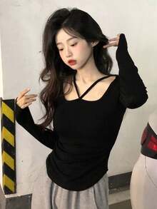 女款純色掛脖圓弧下擺T恤 - 黑色 - 查看 4
