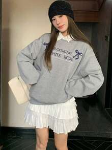 Women's Printed Crew Neck Sweatshirt, Autumn/Winter - Grey - View 1