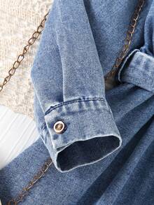Girls' Fashionable Collared Long Sleeve Denim Dress With Belt, Suitable For Outdoor Activities, School And Outdoor Events - Light Wash - View 7
