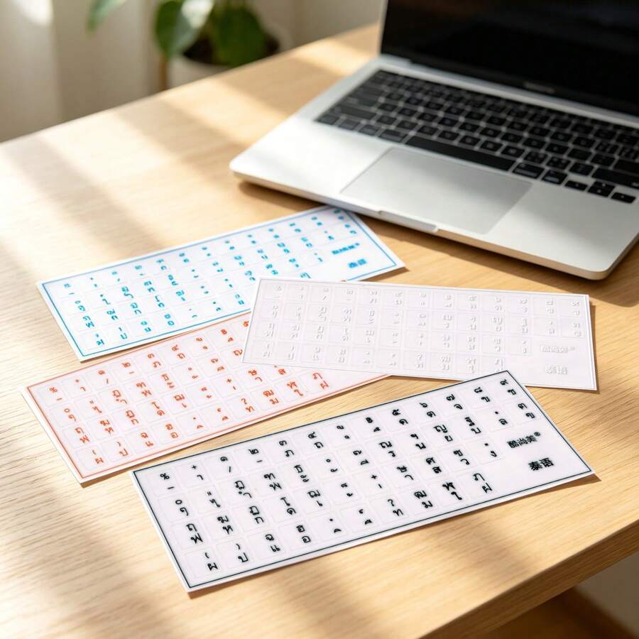 Thai Keyboard Stickers Semi-Raised Transparent Font Waterproof Scratch-Resistant PVC Residue-Free Removable 4 Colors Universal 13/14/15.6 Inch Laptop And Desktop Computer Thai Language Learning Typing - View 1