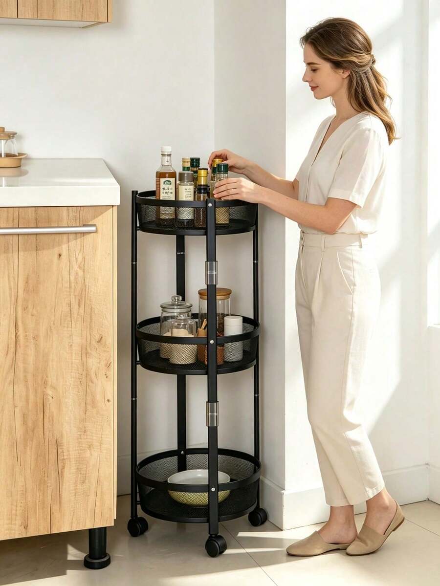 1 Pc No‑Installation 3‑Tier Round Rolling Storage Rack, Foldable Metal Basket Body, Equipped With Universal Casters, Unfold And Use Right Out Of The Box, Suitable For Kitchen, Bathroom, Living Room, Bedroom And Home Sundries Storage