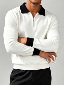 ZYNTH BALENO Men's Fashion 12-Gauge Patchwork Slim Fit Regular Shoulder Width Zip Collar Long Sleeve Sweater, Suitable For Fitness, Workout And Sports - White - View 3