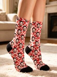 Custom Face Crew Socks, Personalized Photo Socks With Heart & Leopard Print, Novelty Customized Gift Socks For Holiday Birthday Party - Multicolor - View 8