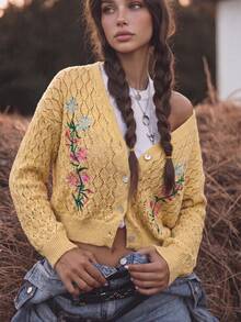 Bohemian Floral Embroidered Hollow Knit Cardigan, Casual Autumn, Lightweight Knit, Pumpkin Patch Outfit - Yellow - View 4