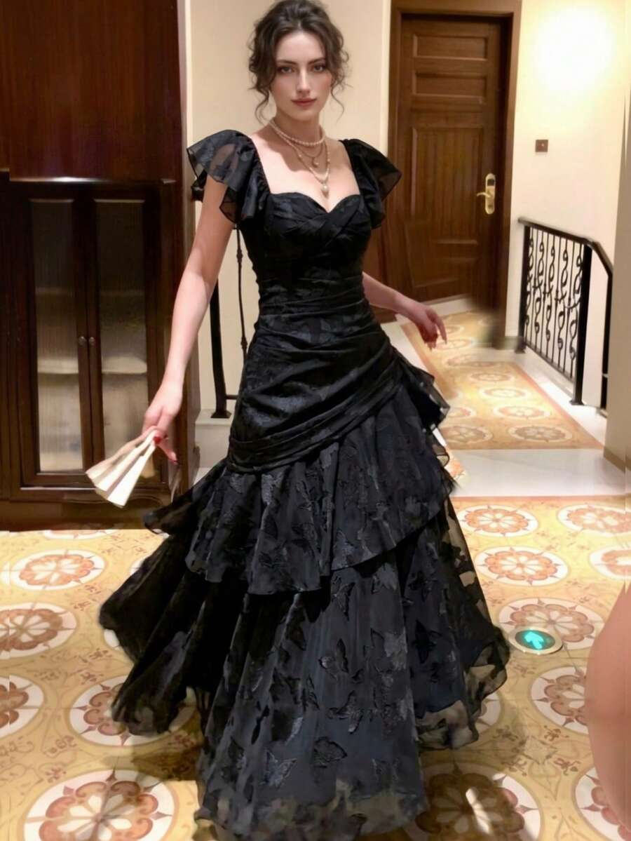 Elegant Fashion Evening Party Ball Ruffle Floral Wedding Party Dress Black Fall - Black - View 1