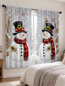 2Pcs Christmas Holiday Curtains, Winter Snowman Tree Snowflake Pattern Curtains, Semi-Sheer Rod Pocket Holiday Window Decor, Suitable For Living Room And Bedroom, Rod Not Included - Multicolor - View 1
