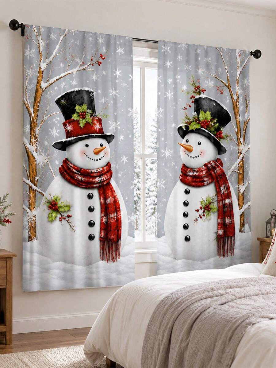 2Pcs Christmas Holiday Curtains, Winter Snowman Tree Snowflake Pattern Curtains, Semi-Sheer Rod Pocket Holiday Window Decor, Suitable For Living Room And Bedroom, Rod Not Included - Multicolor - View 1
