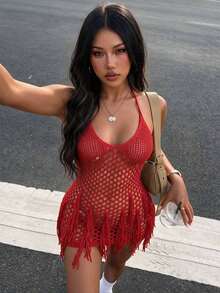 Sexy Hollow Out Fishnet Tassel Beach Vacation Knitted Slip Dress, Autumn/Winter - Burgundy - View 1
