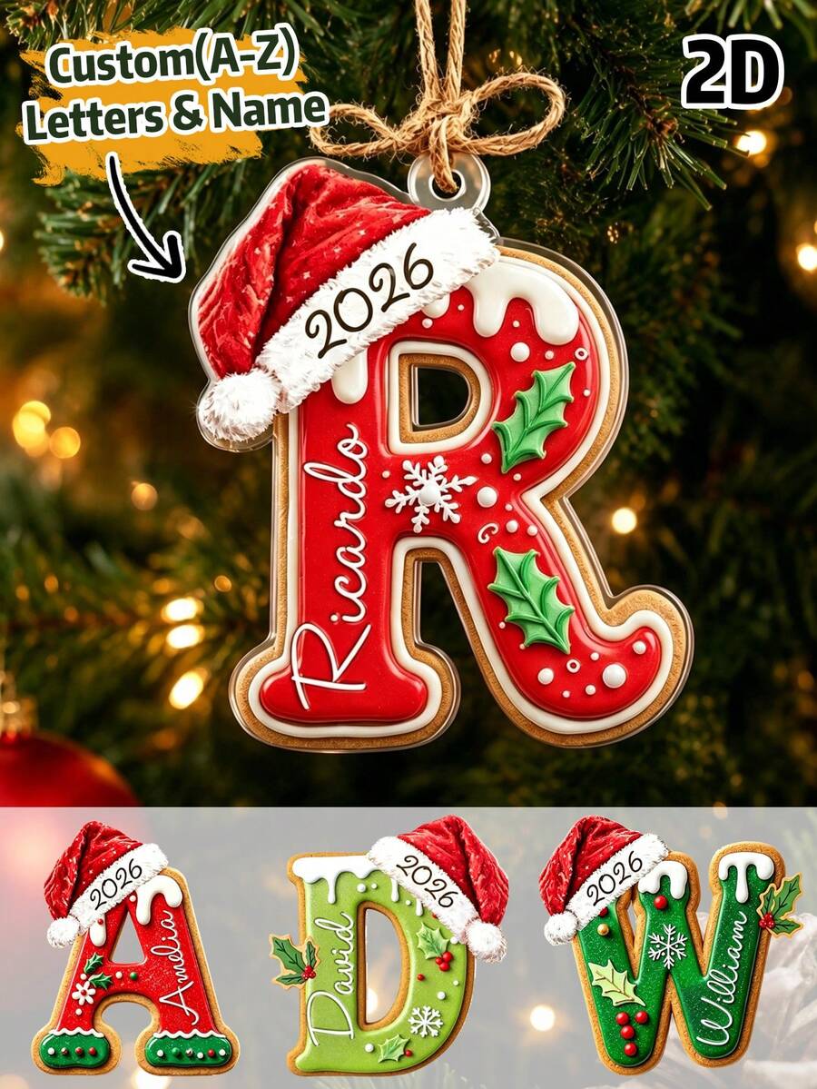 Custom Initial Christmas Ornament, Personalized Name Letter Tree Decor, Festive Gingerbread Santa Hat Style, Customized Christmas Hanging Decoration, Customizable A-Z Name Ornament, Home Decor, Christmas Keepsake Gift, Christmas Stocking Ornaments - Style a - View 1